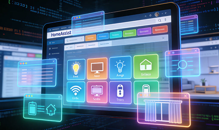 A wall-mounted smart home gateway touchscreen display, the LinknLink iSG Display Max controlling smart lighting and climate scenes in a futuristic home.