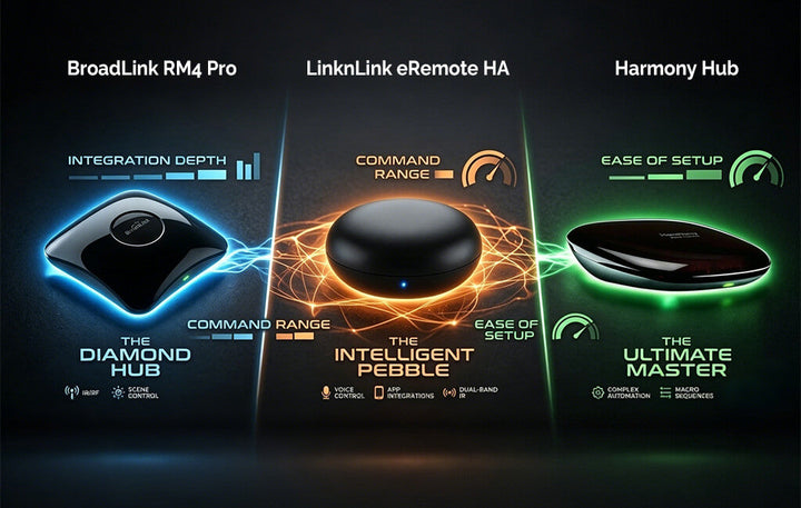 Comparison poster of 3 smart IR remotes featuring LinknLink eRemote HA, showing integration depth, command range, and ease of setup for home automation.