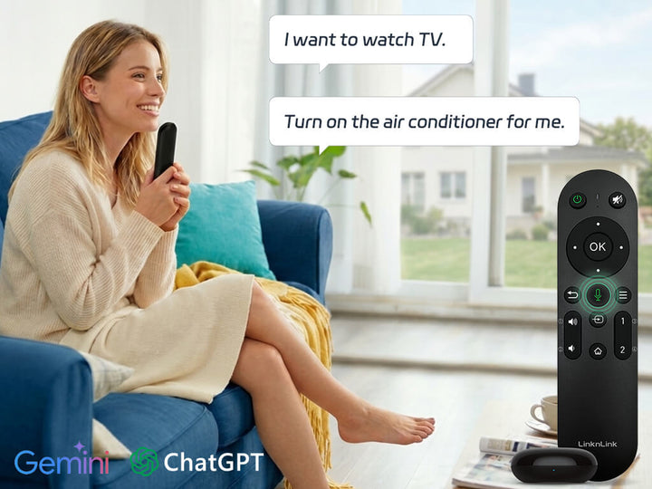 Smiling woman on a sofa controls her smart home using the LinknLink voice remote, in a bright living room with a house view.