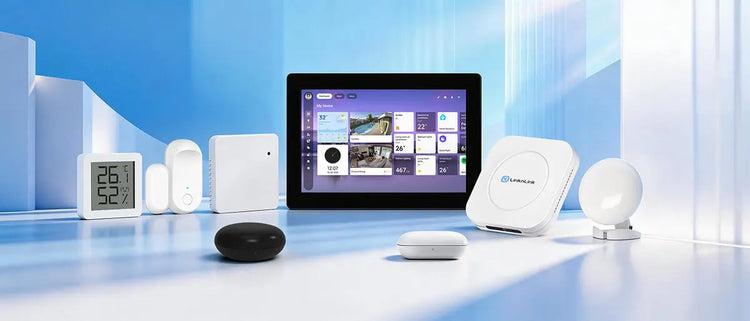 LinknLink all products collection featuring smart home devices including temperature and humidity sensors, IR/RF universal remotes, motion sensors, and a central smart control dashboard.